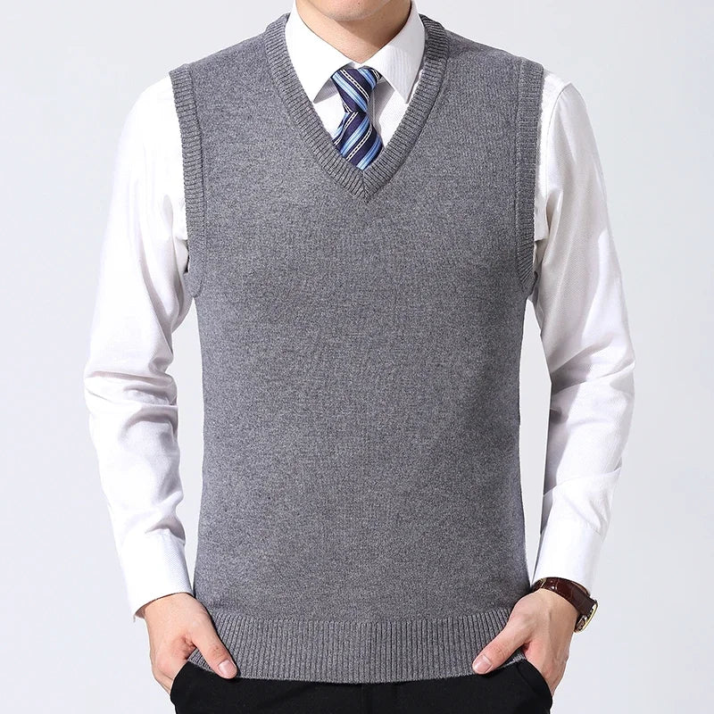 2026 Autumn Winter New Men's Solid Color V-neck Knitted Vest Casual Fashion Warm Sweater Versatile Top