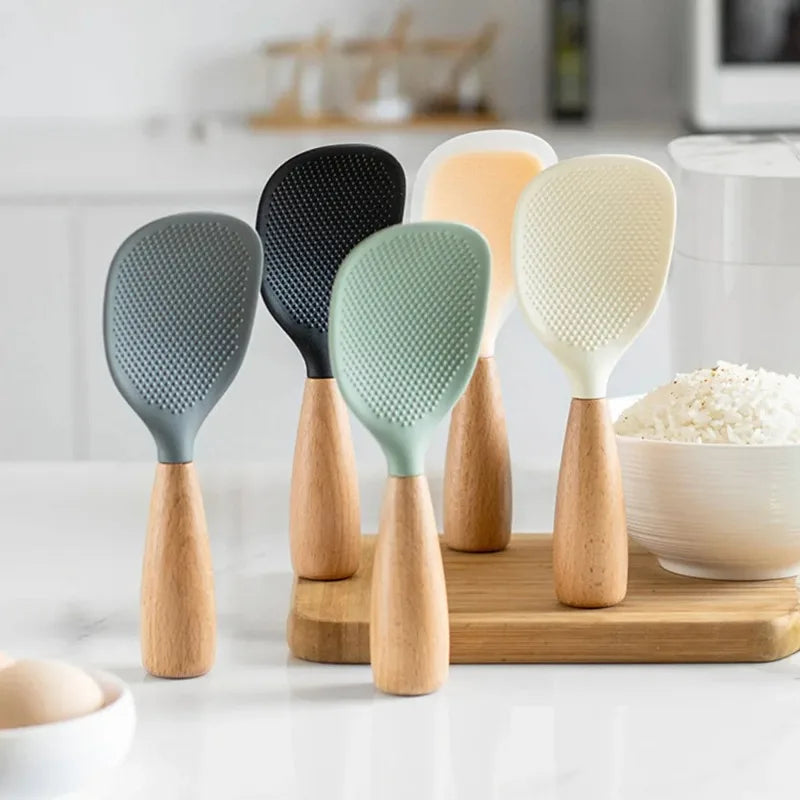 Vertical Silicone Rice Spoon with High Temperature Resistant Wooden Handle and Non-stick Rice Spoon Cute Kitchen Accessory