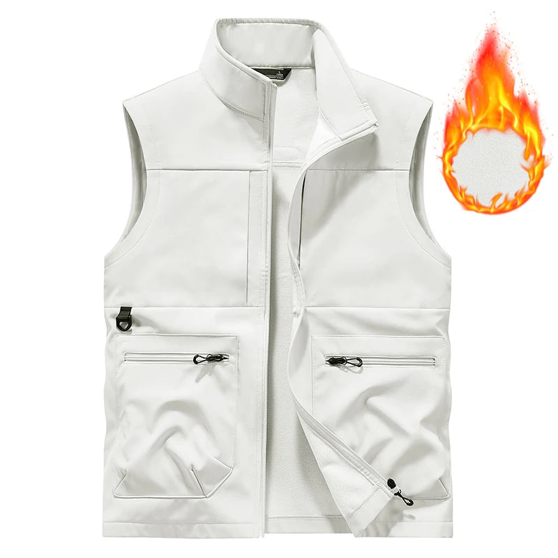 New Workwear Soft-Shell With Fleece Vest Multi-Pocket Outdoor Fishing Suit Vest Coat With Logo Printing Casual Men's Vest