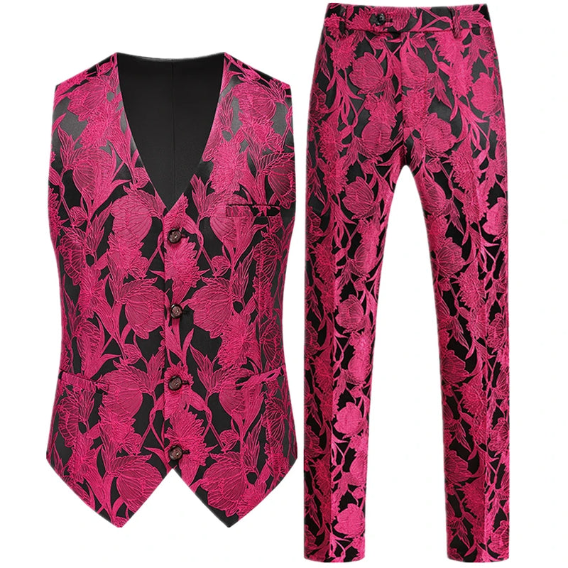 Men's Red Two-Piece Set, Sleeveless V-neck Vest with Trousers, White, Black, Red, Silver, Green,Purple To Choose From!