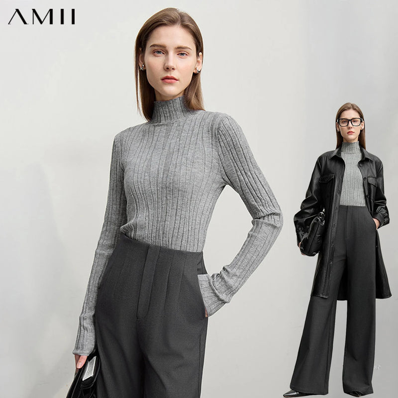Amii Minimalist Women's Wool Sweater 2026 Winter Warm New Slim Knit Bottoming Tops Elastic Mock Neck Pullover Sweaters 12324064