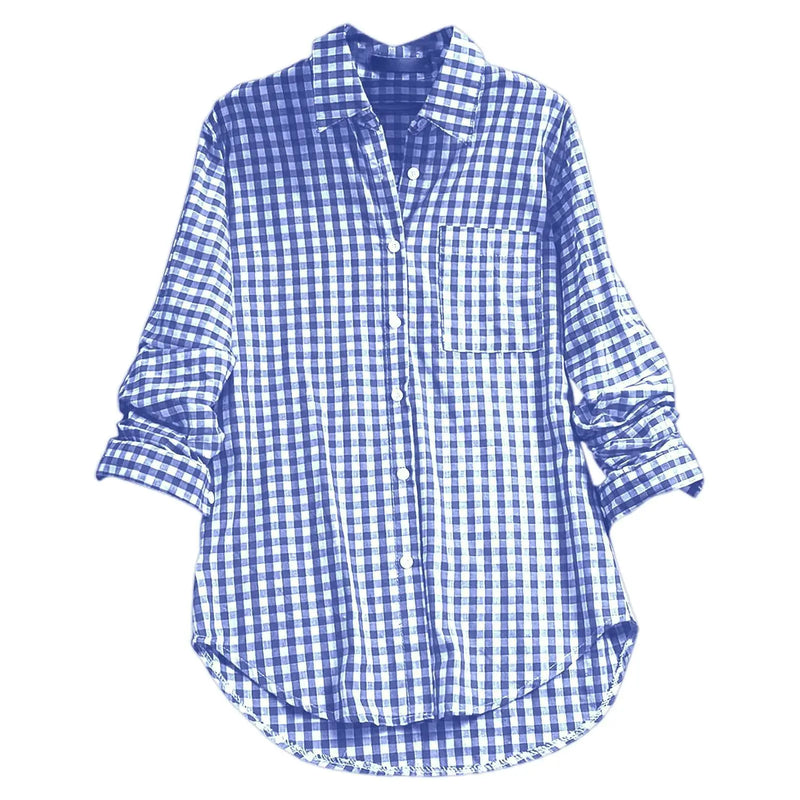 2027 New Women's Long-Sleeve Checkered Shirt, Available in Black, Gray, Blue, Red, and Pink.