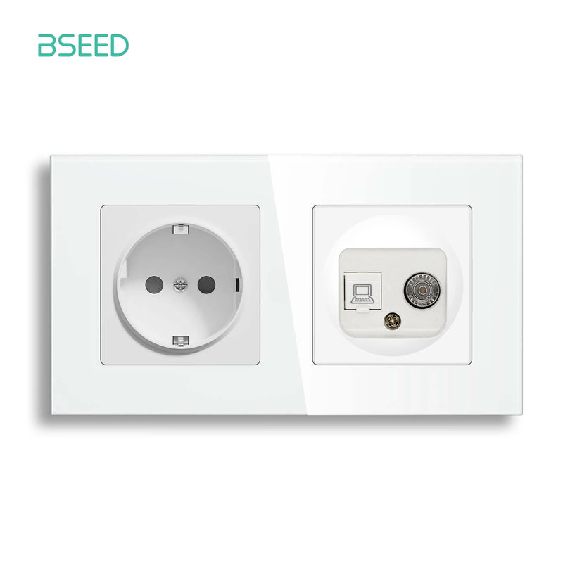 BSEED EU Standrad Wall Power Socket RJ45 Internet Socket Telephone Port Cat6 Socket Glass Panel TV Satellite Electrical Outlets