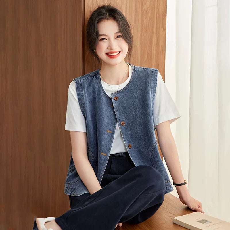 Fashion Versatile Vest Loose Denim Short Jacket Sleeveless Top Women Spring Autumn Buttons Female Waistcoat Casaco Feminino