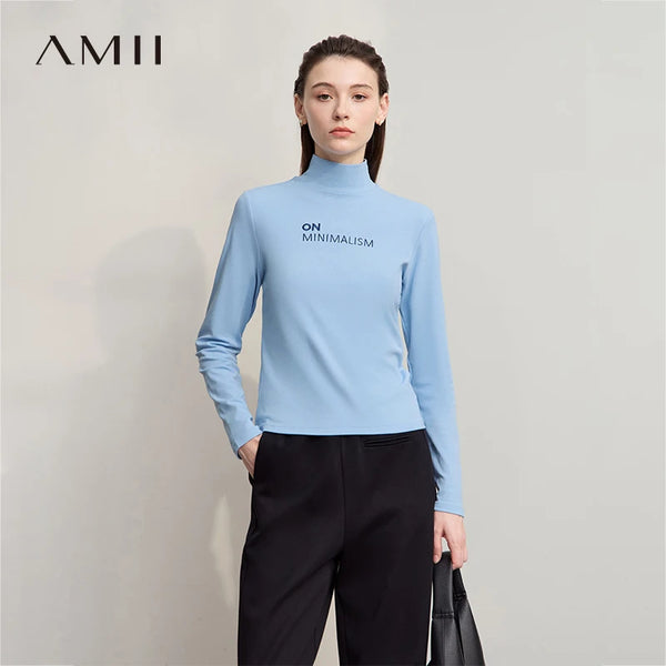 AMII Women's T-shirt 2026 Autumn New Casual Versatile Top Women Turtleneck Letter Embroidery Long Sleeves Ladies Tops 12524058