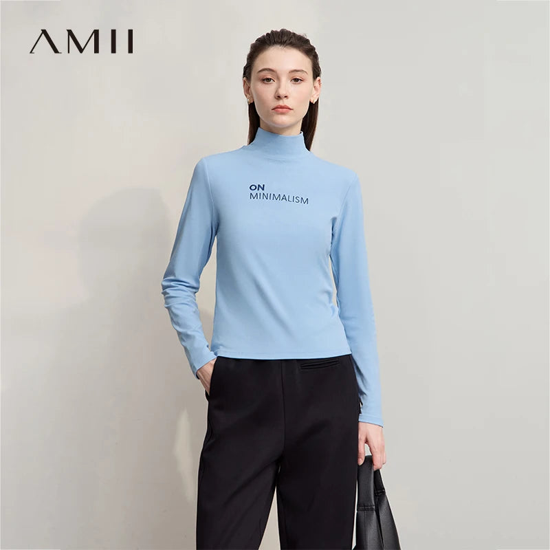 AMII Women's T-shirt 2026 Autumn New Casual Versatile Top Women Turtleneck Letter Embroidery Long Sleeves Ladies Tops 12524058