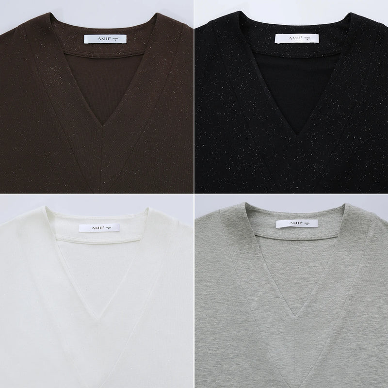 Amii Slim T-shirt V-Neck Long Sleeve Stretch Solid Color T-shirt Women 2026 Autumn New Versatile Cozy Woman Clothing 12613020