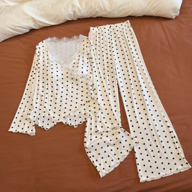 Spring Autumn Long-sleeved Trousers Sleepwear Women Thin Chest Pad Pajamas Homewear Elegant Two-Piece Set Women’s Loungewear