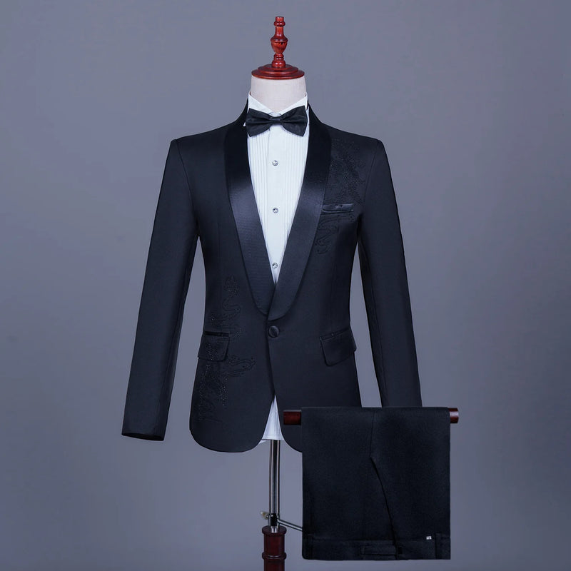 Men's Black Tuxedo Set with Diamond Embellished Jacket and Matching Trousers in White for Choirs/Stage Performances/Weddings