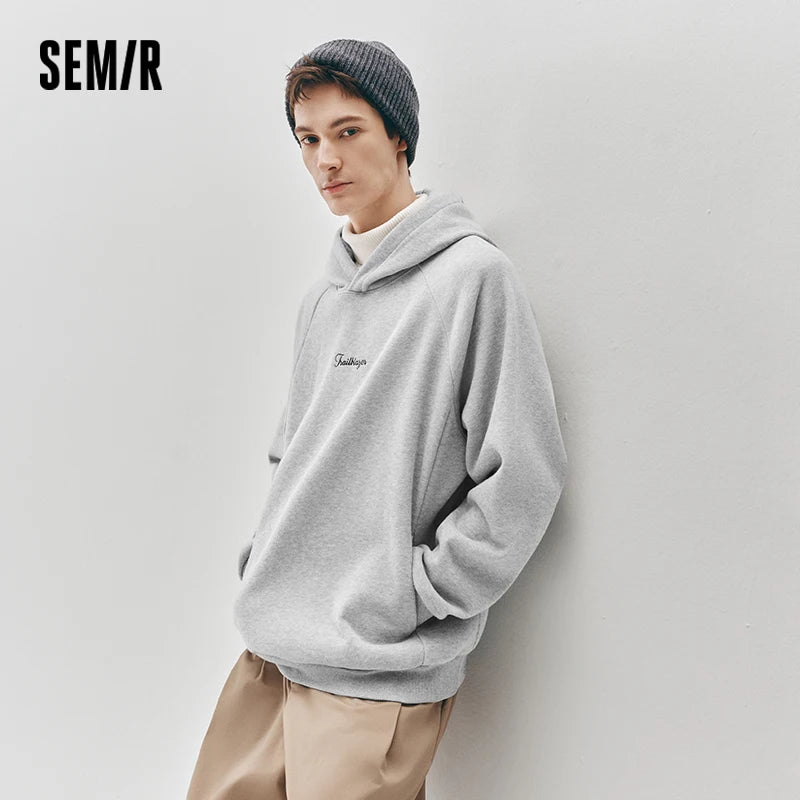 Semir Men Hoodie Fleece Lined Embroidered Detail Hooded Design Loose Fit Minimal Style 2026 Winter Everyday Wear Soft Comfort