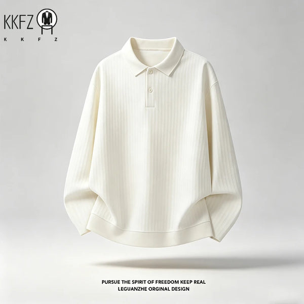 Mens Autumn Casual Polo Pullover Lapel Collar Long Sleeve Button Front Loose Silhouette Ribbed Knit Material Daily Outfit
