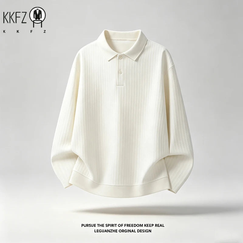 Mens Autumn Casual Polo Pullover Lapel Collar Long Sleeve Button Front Loose Silhouette Ribbed Knit Material Daily Outfit