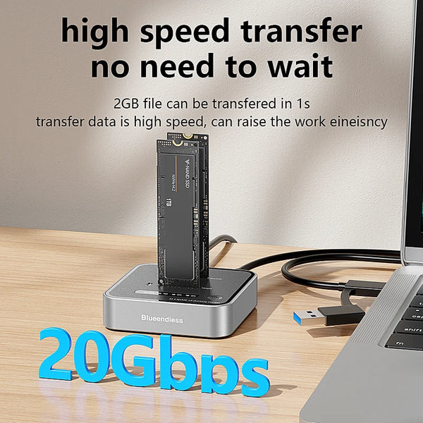 ឧបករណ៍អាន M.2 NVME SSD ក្លូន M.2 NVme SSD ច្រកពីរ Blueendless 20Gbps USB3.2 ប្រភេទ C ចម្លងក្លូនក្រៅបណ្តាញ NVme PCIE Enclosure
