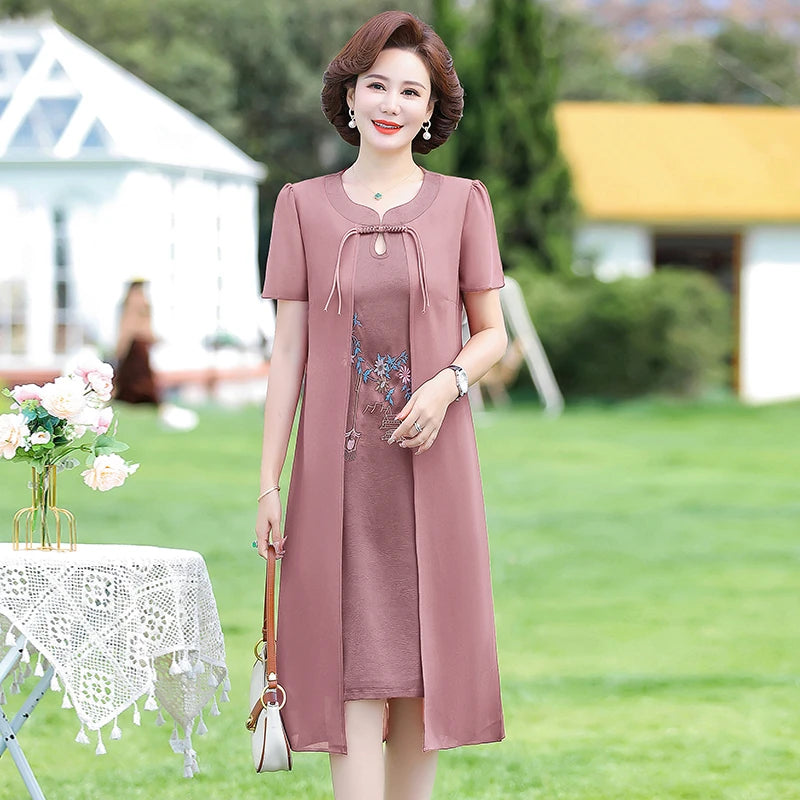 រ៉ូបប៉ាក់ chiffon ម៉ូដរដូវក្តៅសម្រាប់ស្ត្រីអាយុ ៤០ ឆ្នាំ និង ៥០ ឆ្នាំ រចនាប័ទ្មរដូវក្តៅ សំពត់ពោះថ្លៃថ្នូរបែប Retro