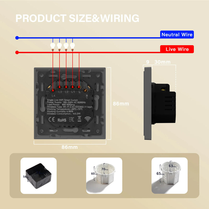 BSEED WIFI Button Light Switch 1/2/3/4Gang Smart Switch Plastic Frame Tuya Smart Life Alexa Voice Control Without Neutral Line