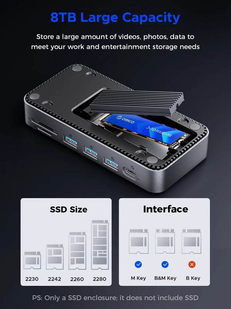 ORICO 10Gbps USB C Display HUB M.2 NVMe SATA SSD Enclosure Dock with Cooling Fan External HDMI-Com RJ45 PD100W Docking Station