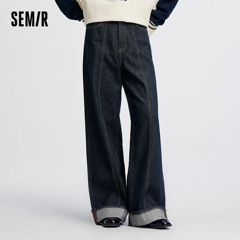 Semir Women Jeans Cuffed Split Wide Leg Loose Long Leg Look 2026 Autumn Street Style Soft Casual Denim Pants Daily Wear