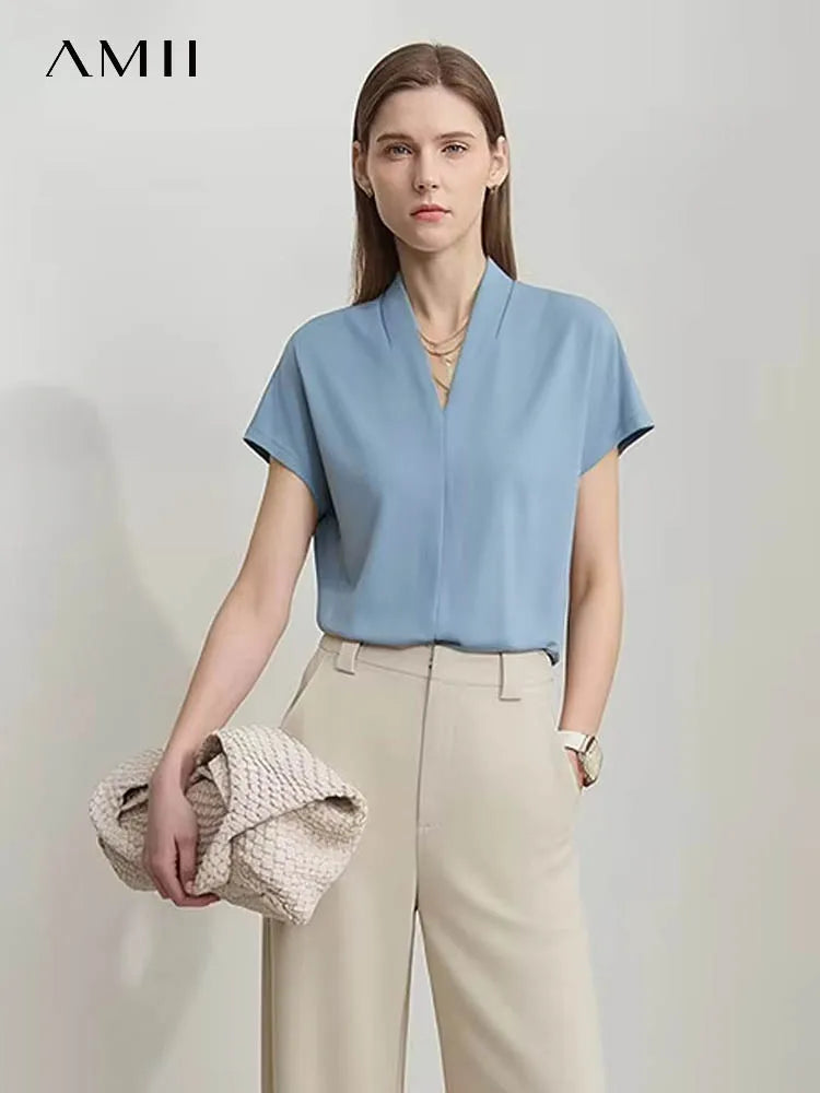 អាវយឺត AMII Minimalism រដូវក្តៅឆ្នាំ ២០២៦ សម្រាប់នារី រចនាបថបុរាណ ក V ដៃខ្លី អាវ និងអាវយឺតលាត 12612011