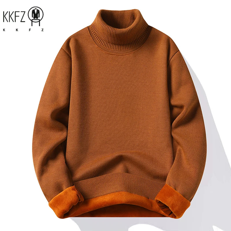 Male Long Sleeve Turtleneck Knit Top Thick Fleece Lining Warm Thermal Pullover Loose Fit Daily Casual Basic Clothes