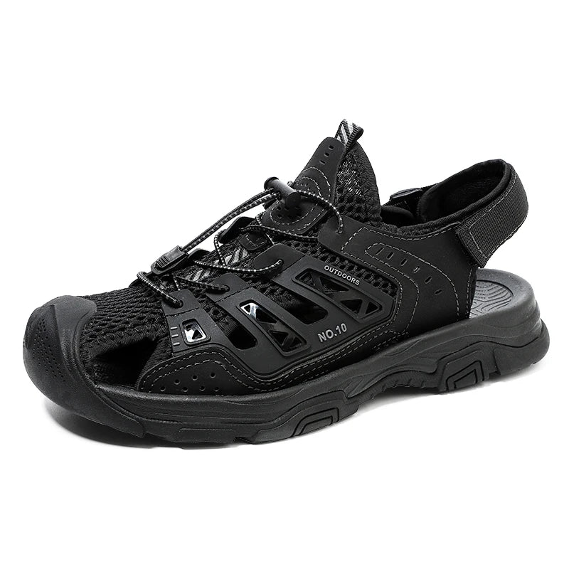 Summer Mens Outdoor Leather Sandals For Men Cover Toes Sandals Size 38-46 Anti Slip Rubber Soles Black Sandal Dropshipping