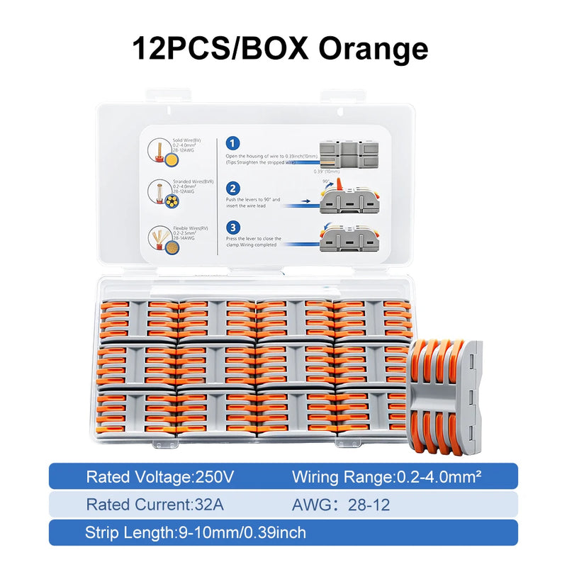 TOMZN 12PCS Lever Wire Connectors 4 In 4 Out Quick Splicing Terminal Blocks 32A 250V for 28-12AWG Solid Stranded Flexible Wires