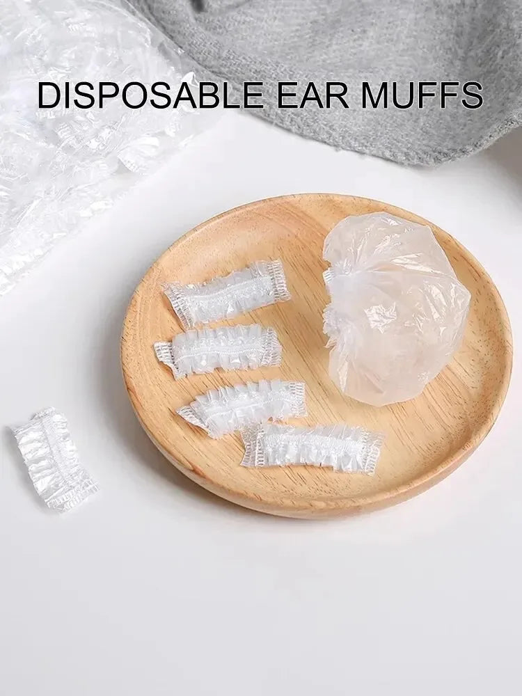100PCS Disposable Waterproof Ear Covers for Hair Dye, Transparent Elastic Earmuffs Protective Plastic Wrap for Shower Salon