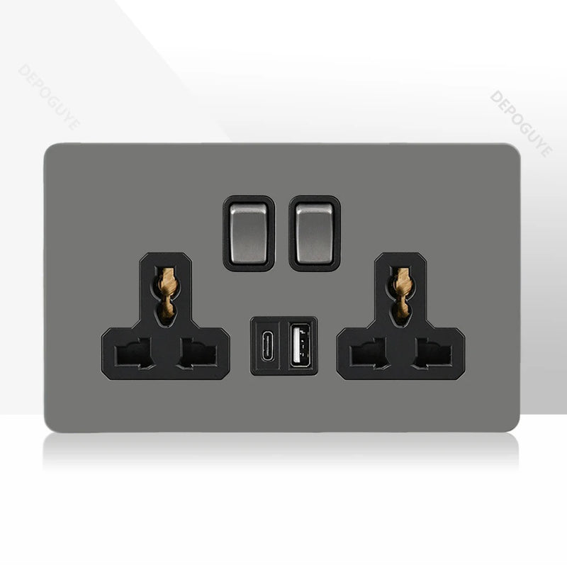 Retro Toggle Switch 1-4 Gang 2 Way Light Switch,EU French Plug Power Outlet Socket With Dual USB Stainless Steel Panel 86 Type