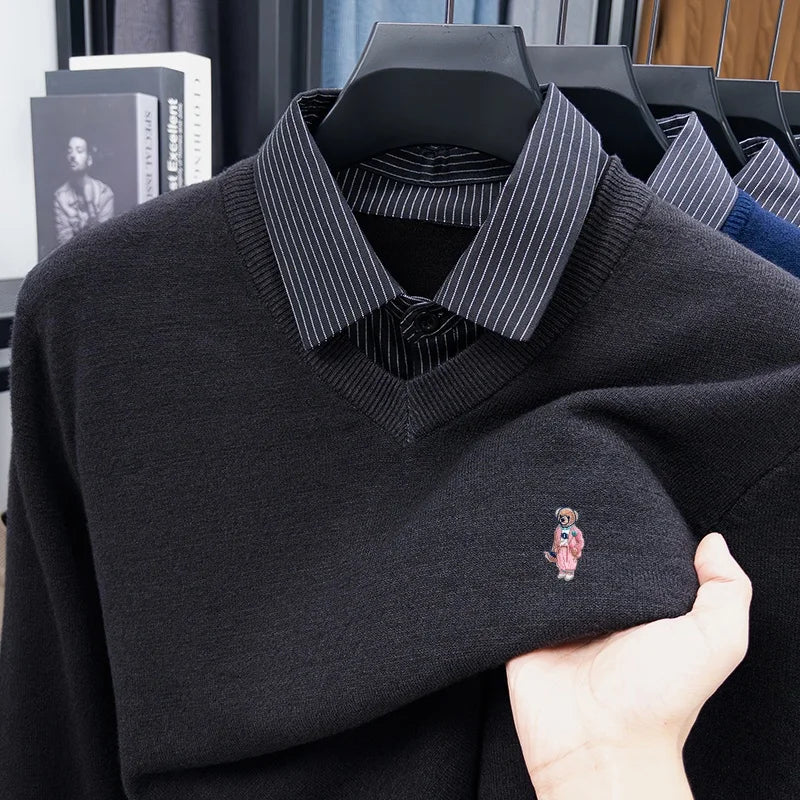 Multi-Color Selection Man False Two-Piece Long-Sleeved Knitwear Bear Embroidery Autumn Winter New Pullover Casual Men's Clothing