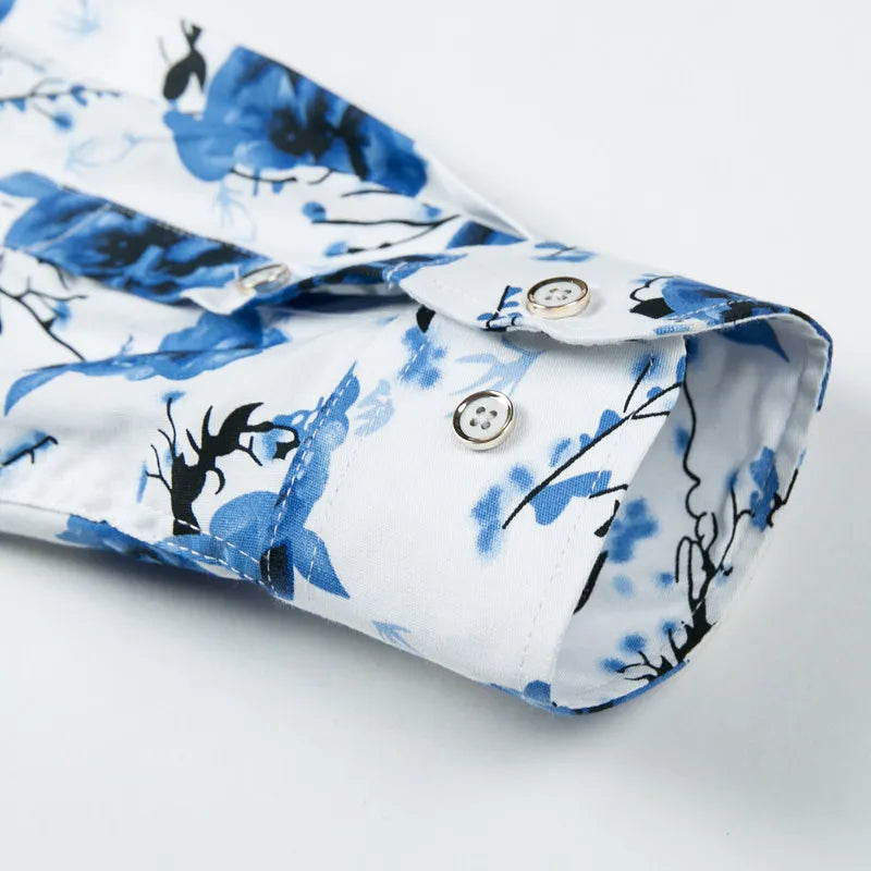 2026 Spring Men's White Long-Sleeve Printed Shirts, Blue Single-Button Collar Stretch Cotton Shirt, Asian Sizes M-5XL, 6XL, 7XL.