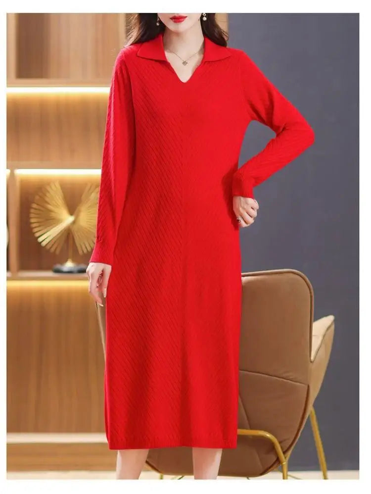Sweater Women Trends 2026 New Lapel Long Sleeve Knitwear Jumper Spring Autumn Woolen Pullover Clothes Mother Pull Long Dress