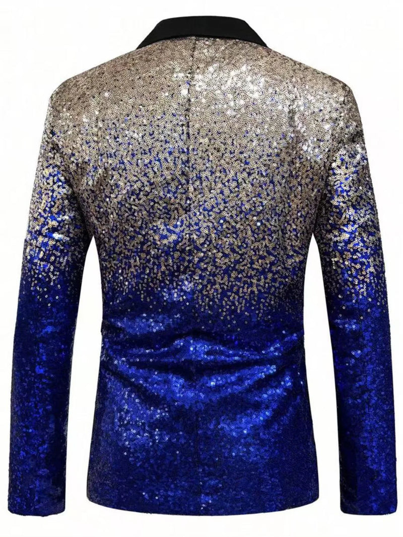 Shiny Sequin Tuxedo Jacket for Men - Royal Blue & Gold Gradient, Black Lapel, Formal Party/Wedding/Stage Wear‌ Coat.