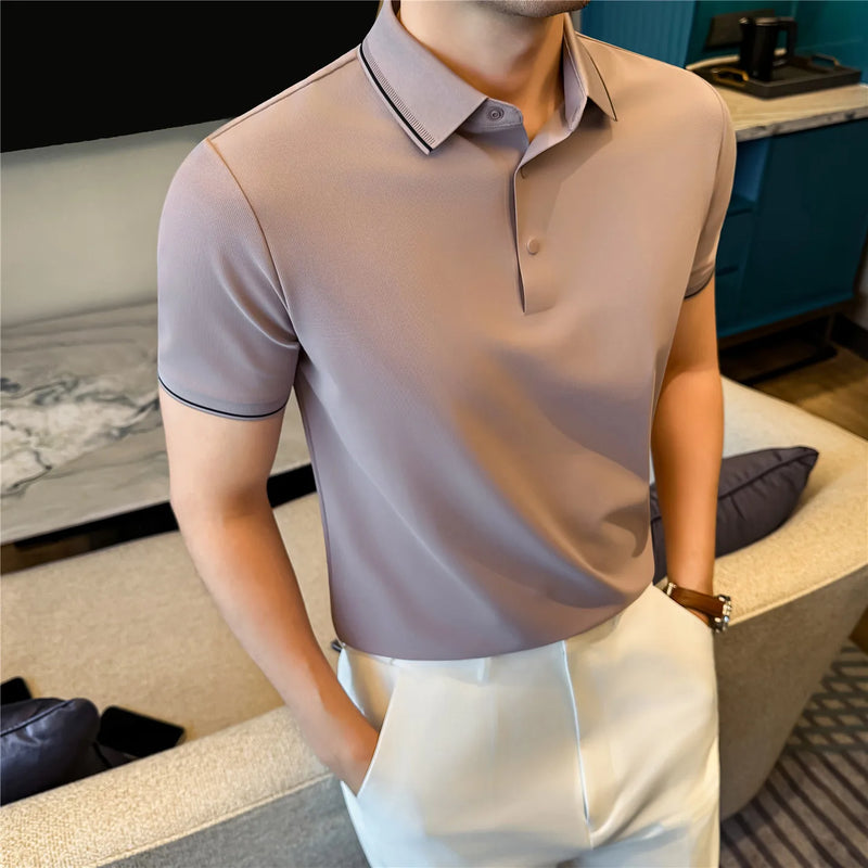 Men’s Slim Fit Polo Shirt with Contrast Collar Wrinkle-Free, Odor-Resistant Business Casual Top Sun-Friendly Fabric