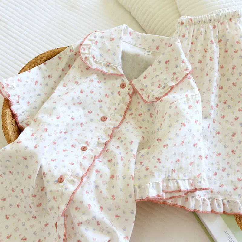 100% Cotton Pyjamas Woman Nightwear Summer Sets Floral Print Short Sleeve Pajamas Sleepwear Women's Loungewear Sleeping Wear