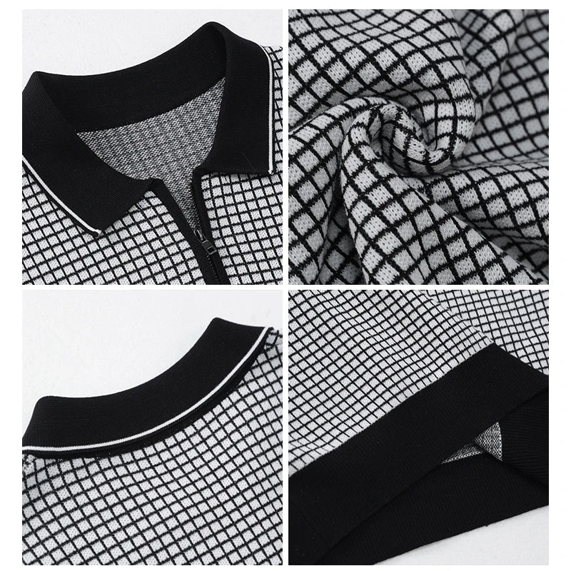 Men's Summer Slim Fit Knitted Polo Shirt - Mature Style Short Sleeve Grid Pattern Business Casual Top with Contrast Collar