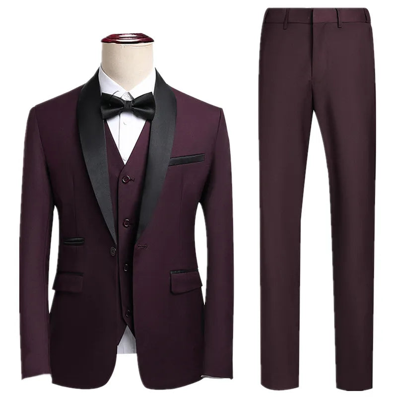 2026 New Men's Black Suit Three-Piece, Business Wedding Jacket with Vest and Pants, Asian Size M-6XL, Burgundy Gray White Sets.