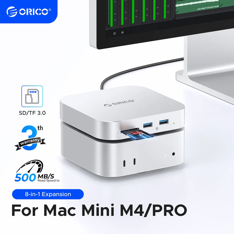 ORICO Mac Mini M4 Docking Bracket USB3.0 HUB Docking Station SD/TF Card Multi-Port USB C HUB for Mac Mini M4/M4 Pro