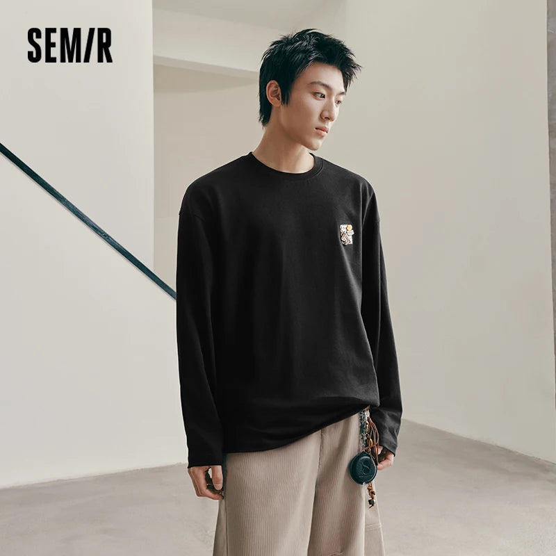 Semir Men Tshirt Long Sleeve Loose Crew Neck Embroidered Detail 2026 Autumn Couple Casual Pullover Everyday Top