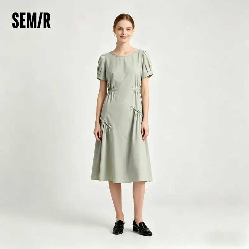 Semir Women Dress Irregular Spliced Ruffle Puff Sleeve Waist Trimming Stylish Midi 2026 Elegant Fashion Casual Daily Wear