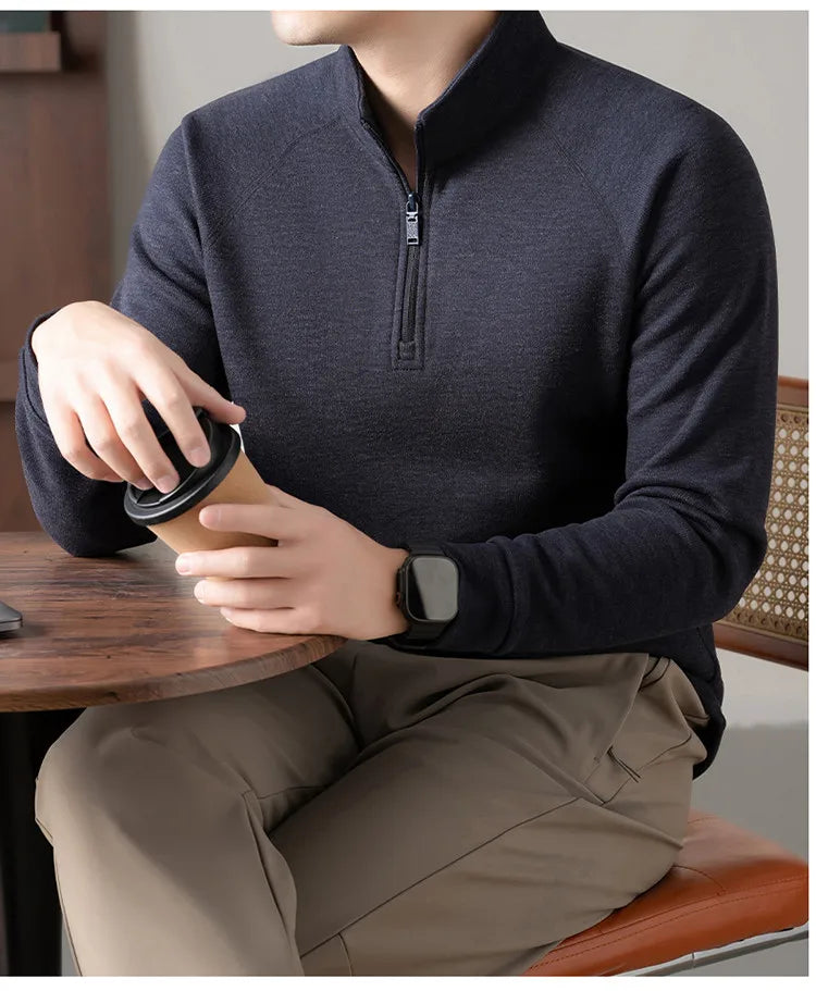 Old Money Style Men's Stand Collar Zip-Up Sweatshirt - Camel (Smoke Blue/ Brown/Gray)Long-sleeved Fleece Hoodie