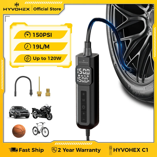 ម៉ាស៊ីនបូមខ្យល់កង់រថយន្ត HYVOHEX C1 ថ្មី ដែលអាចបំប៉ោងខ្យល់បានលឿន 100% សម្រាប់កង់រថយន្ត ម៉ូតូ និងម៉ូតូ