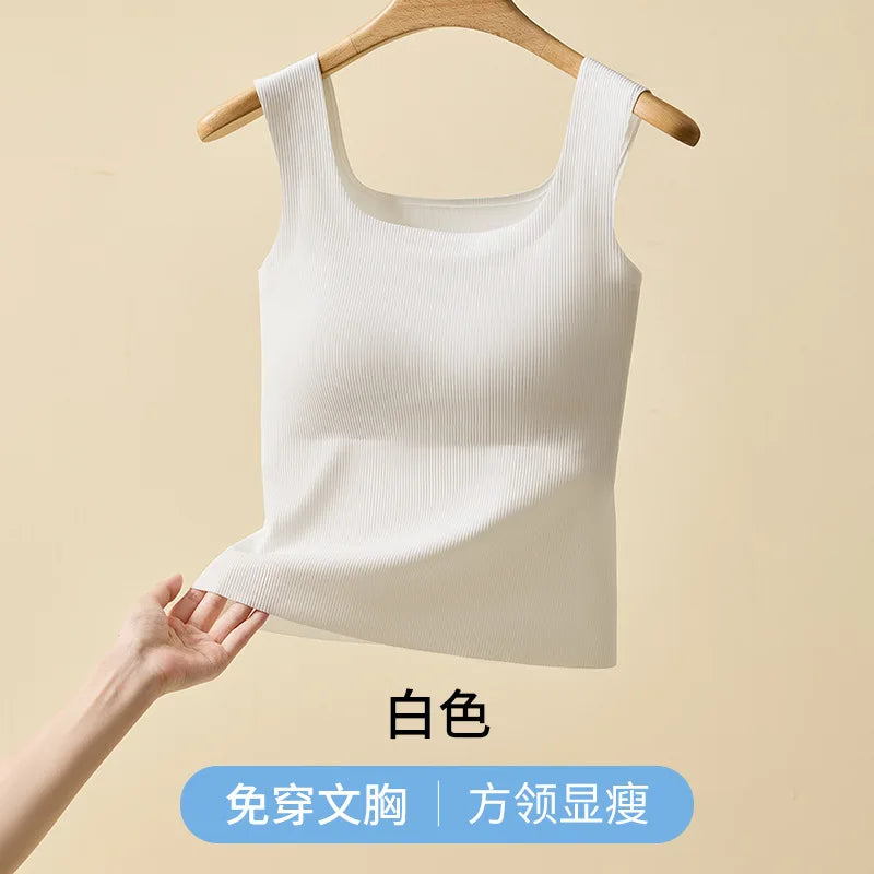 Ice Silk Threaded Square Neck Sling Vest Women's Inner One-piece Beauty Back Top Large Size Bottom Sleeveless Sleepwear Pajamas
