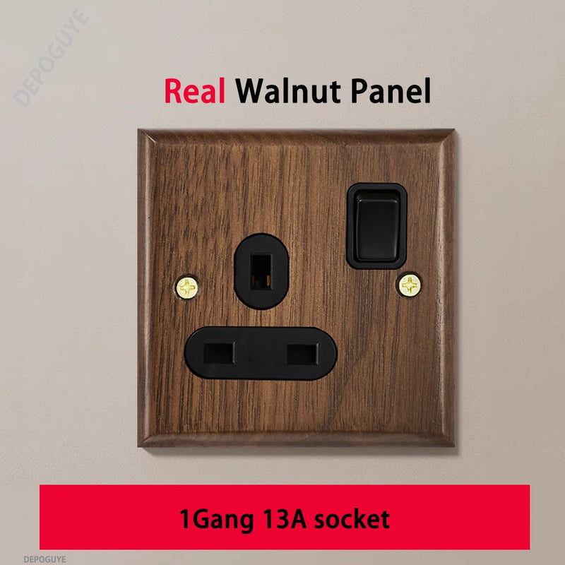 Black Retro Walnut Wall Toggle Switch Panel 1-4Gang 2Way Solid Wood Double EU/FR Socket Universal Usb C Electrical Power Outlet