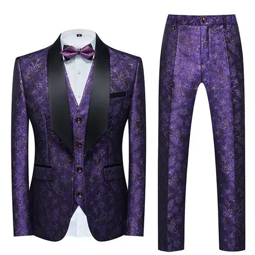 Men's Blue Jacquard Fabric Suit 3-Piece, Fashion Slim-Fit Blazer Jacket Trousers Vest, Spring  Autumn New Men Sets, Asian Size