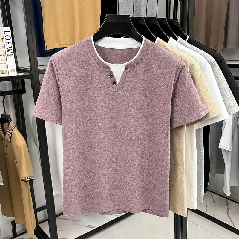 Mens Fake Two Piece Short Sleeve T Shirt Henley Neck Tops Casual Button Detail Tees For Men Daily Street Style Outfits