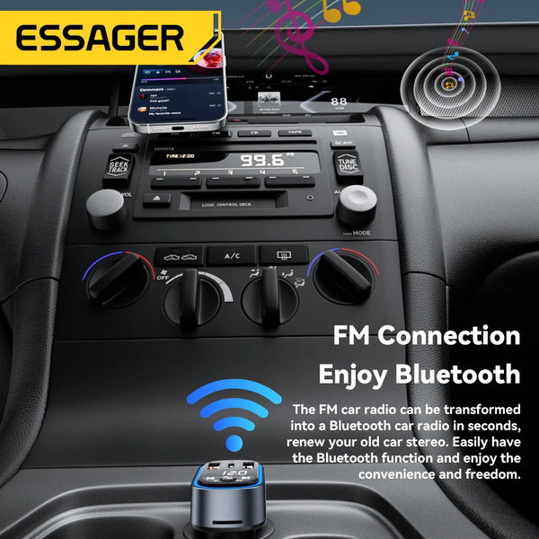 ឧបករណ៍បញ្ជូន Essager FM Bluetooth5.3 35W USB Type-C រន្ធពីរ PD QC ឆ្នាំងសាករថយន្ត Aux វិទ្យុ MP3 ម៉ាស៊ីនចាក់តន្ត្រីសម្រាប់កាត TF/ដ្រាយ USB