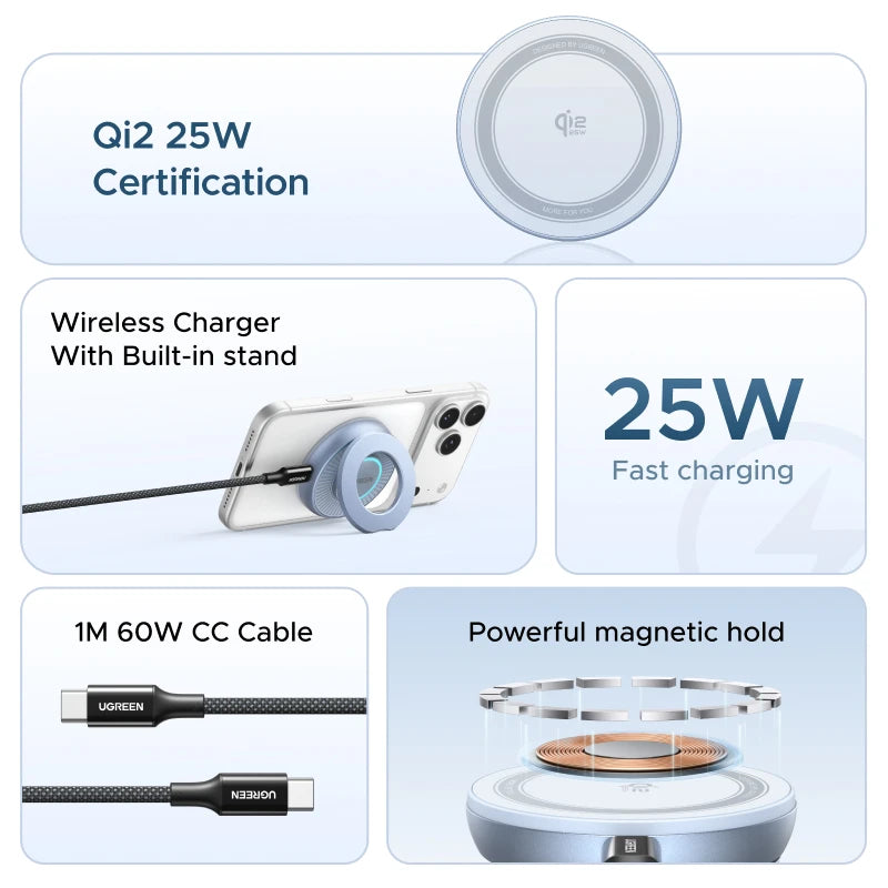 UGREEN Magflow Qi2 25W Wireless Charging Pad With Built-in Stand For iPhone 17 16 Pro Max Fast Charging Phone Charger
