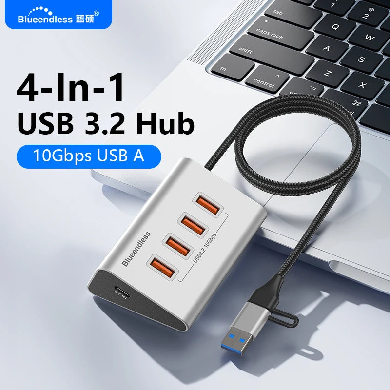 មជ្ឈមណ្ឌល USB អាលុយមីញ៉ូម Blueendless USB3.2 Gen2 10Gbps 5 ច្រក ជាមួយឧបករណ៍អានកាត TF SD USB-A/USB C Hub 4 ក្នុង 1 សម្រាប់កុំព្យូទ័រ កុំព្យូទ័រយួរដៃ MacBoo