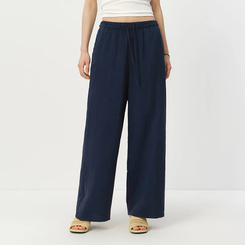 Semir Women Pants Textured 2026 Solid Ruffle Trim Elastic Waist Wide Leg Urban Casual Everyday Style Soft Comfortable