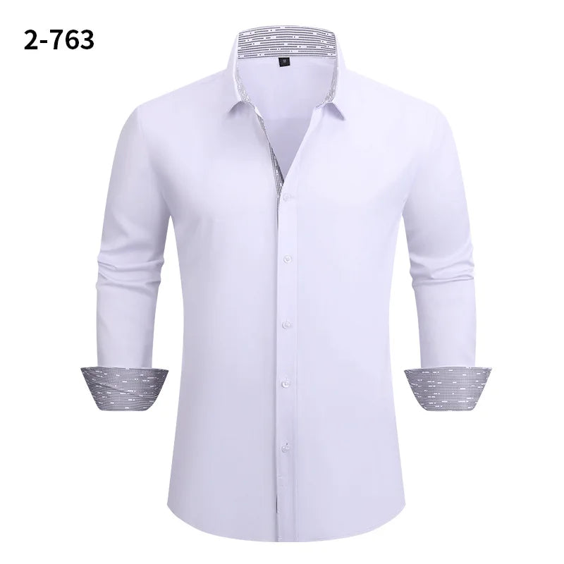 Men's Black Long-sleeve Stretch Shirt, Red Patchwork-trimmed Shirts, Commuter-style Single-Breasted Lapel Tops.