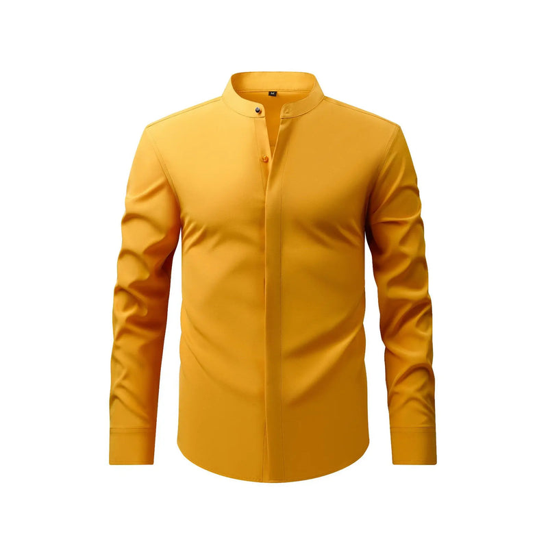 Men's Black Long-sleeve Stand-collar Shirt for Spring and Fall; Blue Single-breasted Stretch Shirts; Red, Yellow, Green, White.